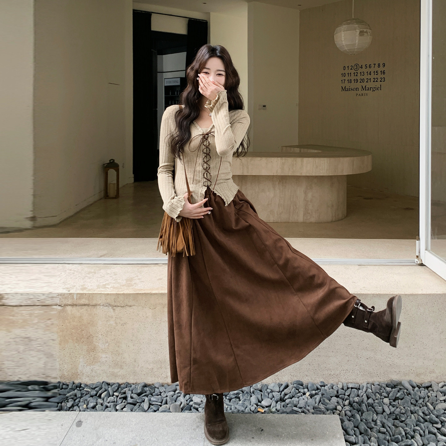 复古美拉德风时尚穿搭套装裙女2026春设计感针织上衣半身裙两件套