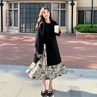 黑色法式碎花拼接长袖连衣裙女2026春新款独特好看宽松休闲A字裙
