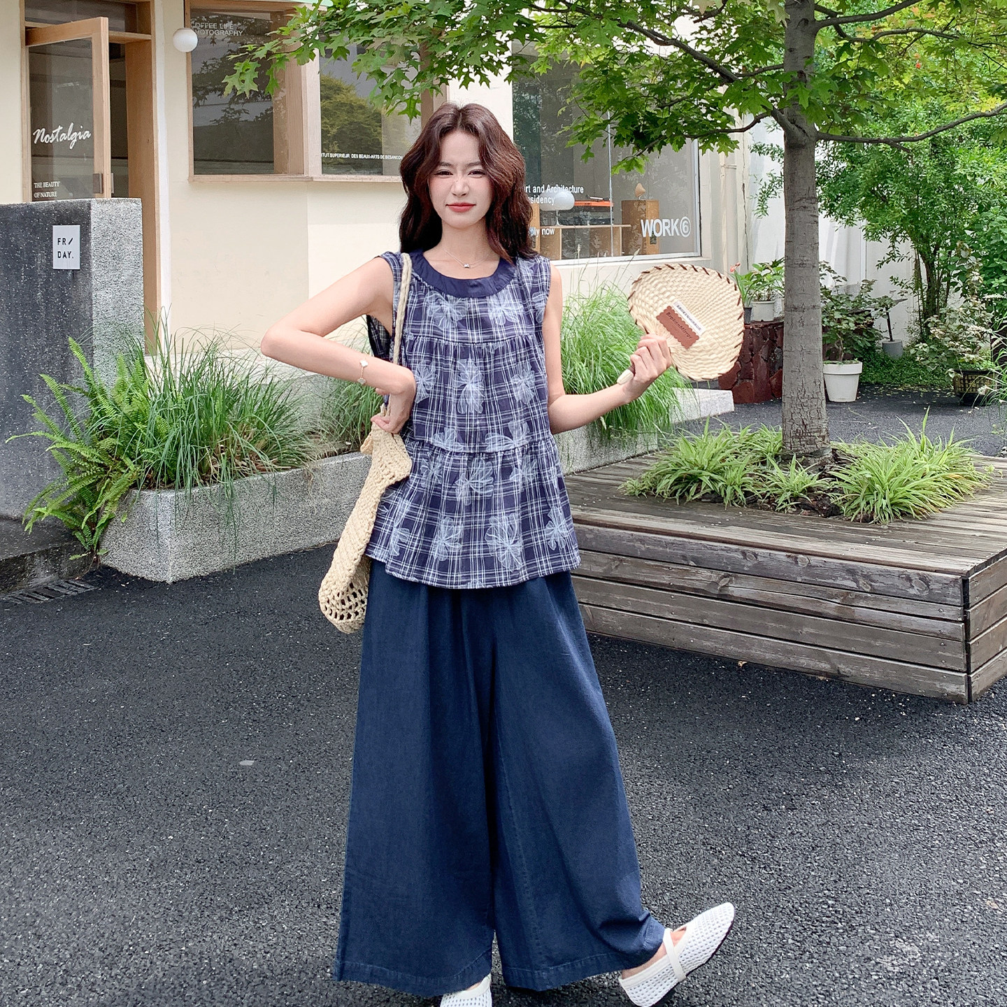 日系格子阔腿裤套装女夏显瘦减龄