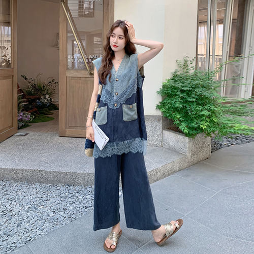 复古慵懒风牛仔套装女2026初春新款撞色蕾丝拼接背心阔腿裤两件套