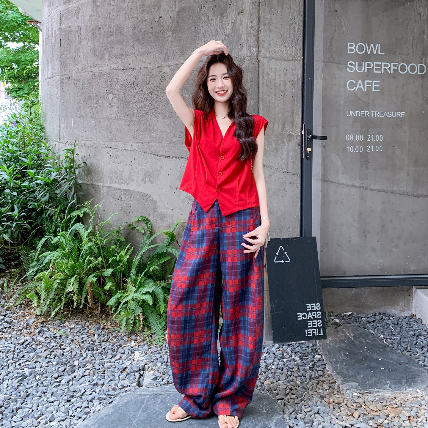 红色背心格纹阔腿裤两件套女夏显