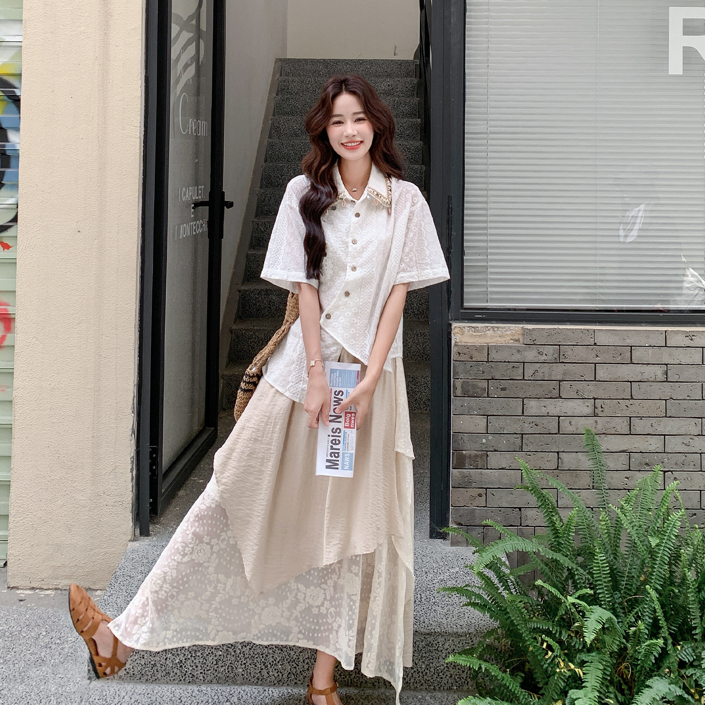夏季法式刺绣衬衫半裙两件套女