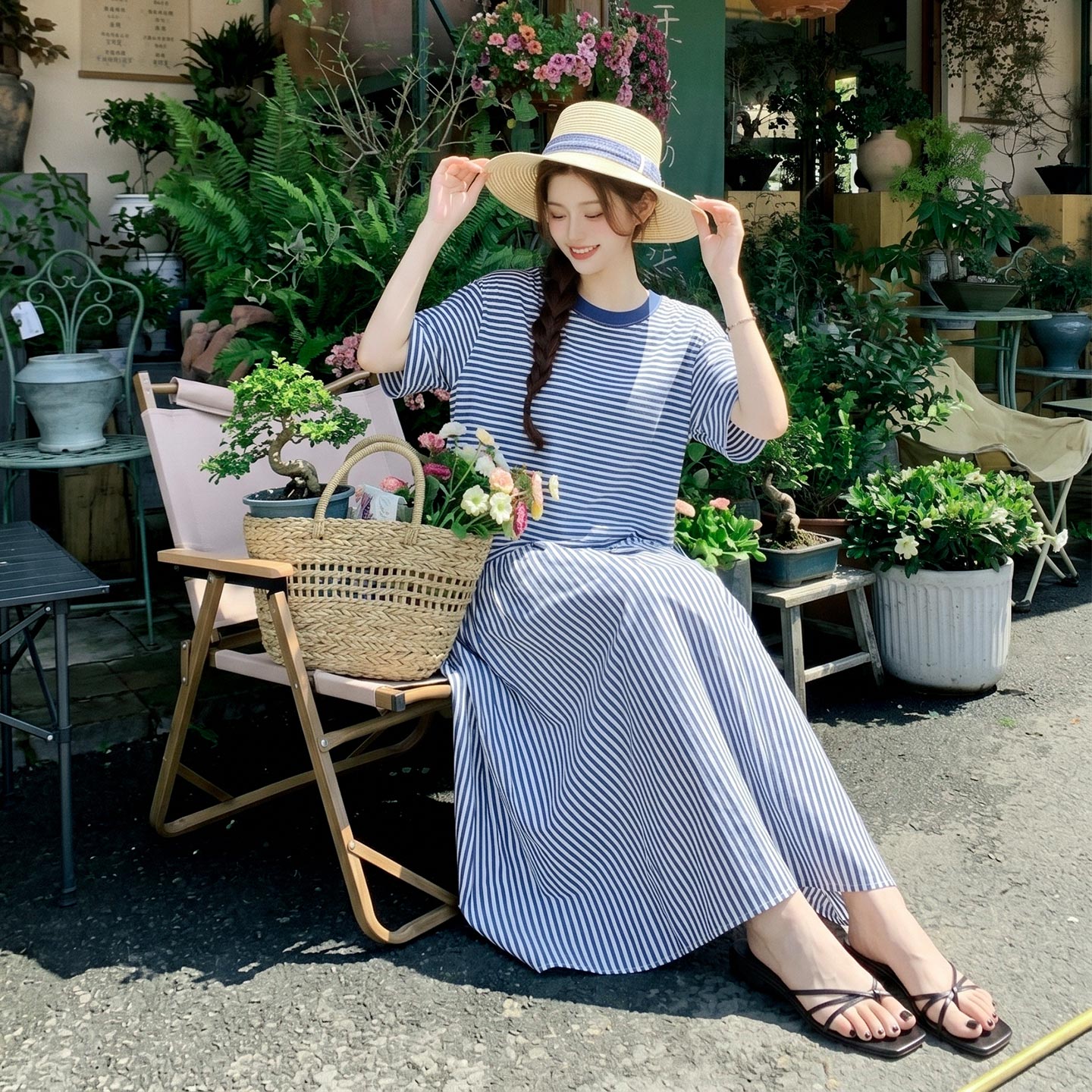 巨好看慵懒风撞色条纹T恤连衣裙女2026夏新款韩系设计感休闲长裙