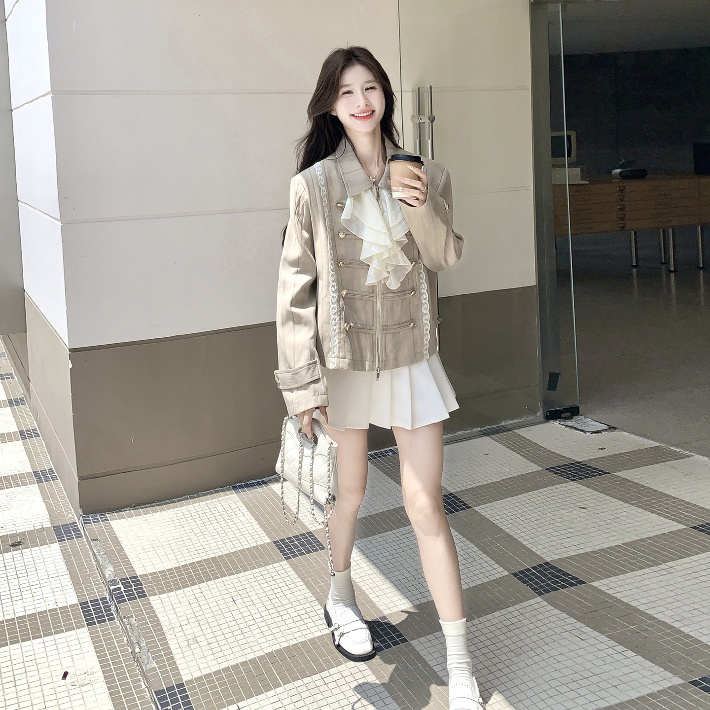 复古设计感双排扣蕾丝短外套女