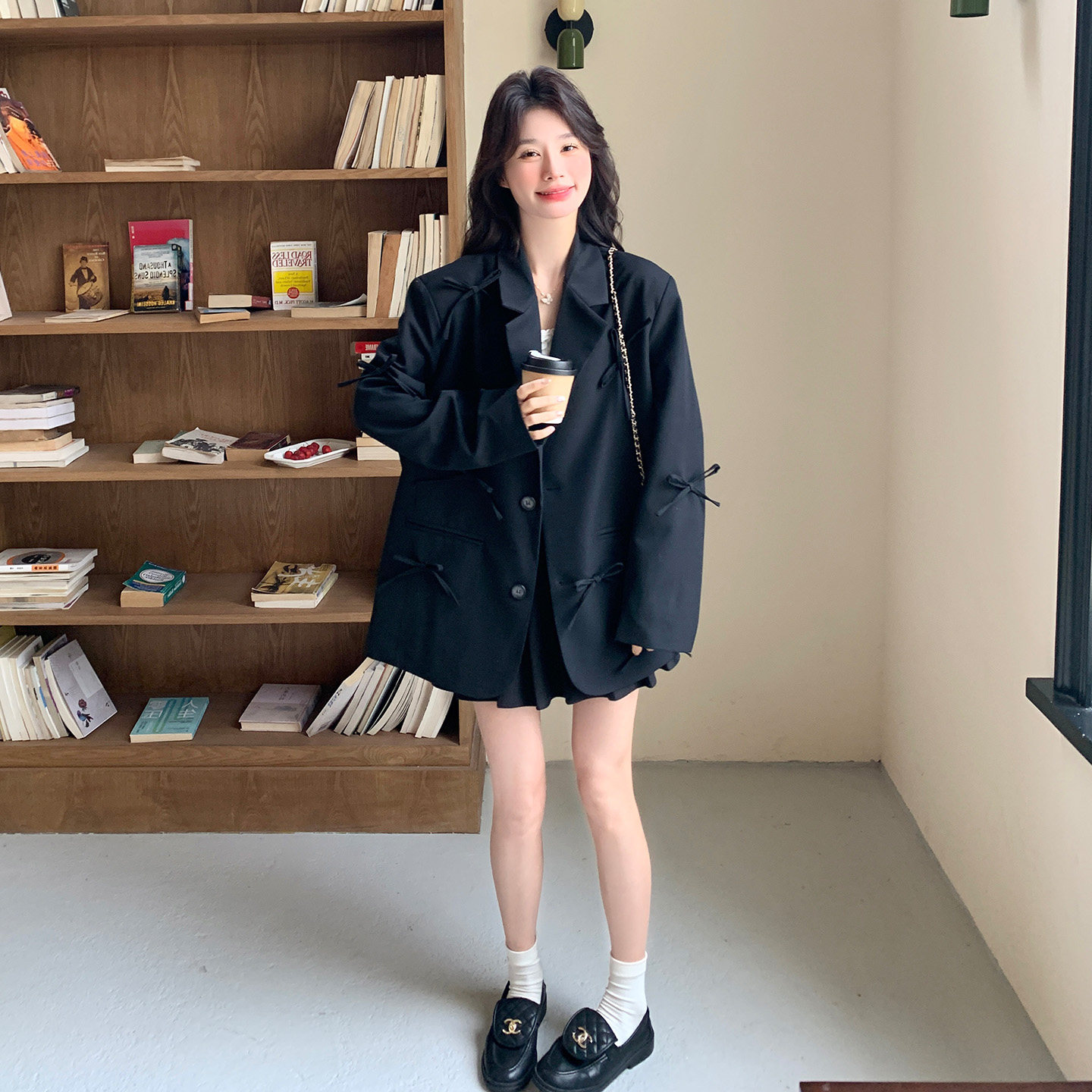黑色西装外套女韩系设计感蝴蝶结