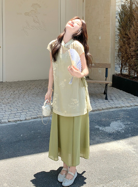 绿色新中式典雅绣花罩衫连衣裙套装女2026夏新款气质吊带裙两件套