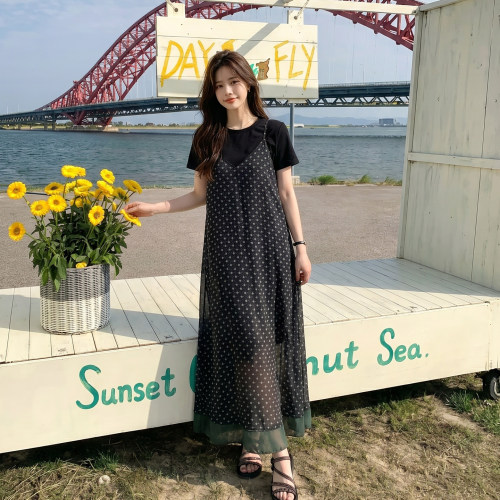 夏季黑色碎花短袖两件套连衣裙