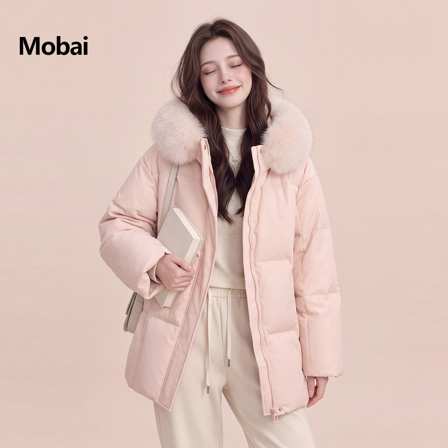 粉色大毛领连帽羽绒服女冬保暖