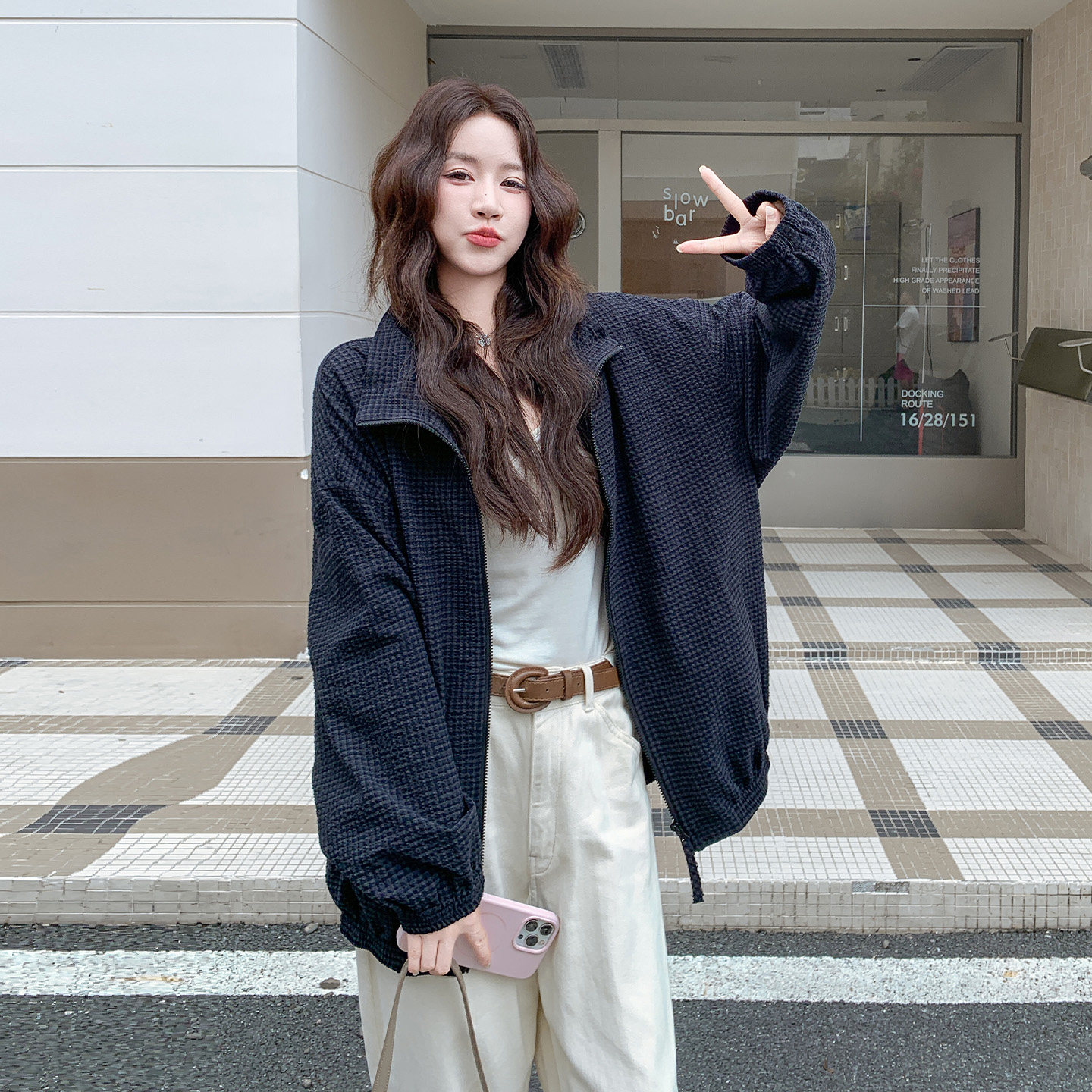酷感立领藏蓝宽松短外套女