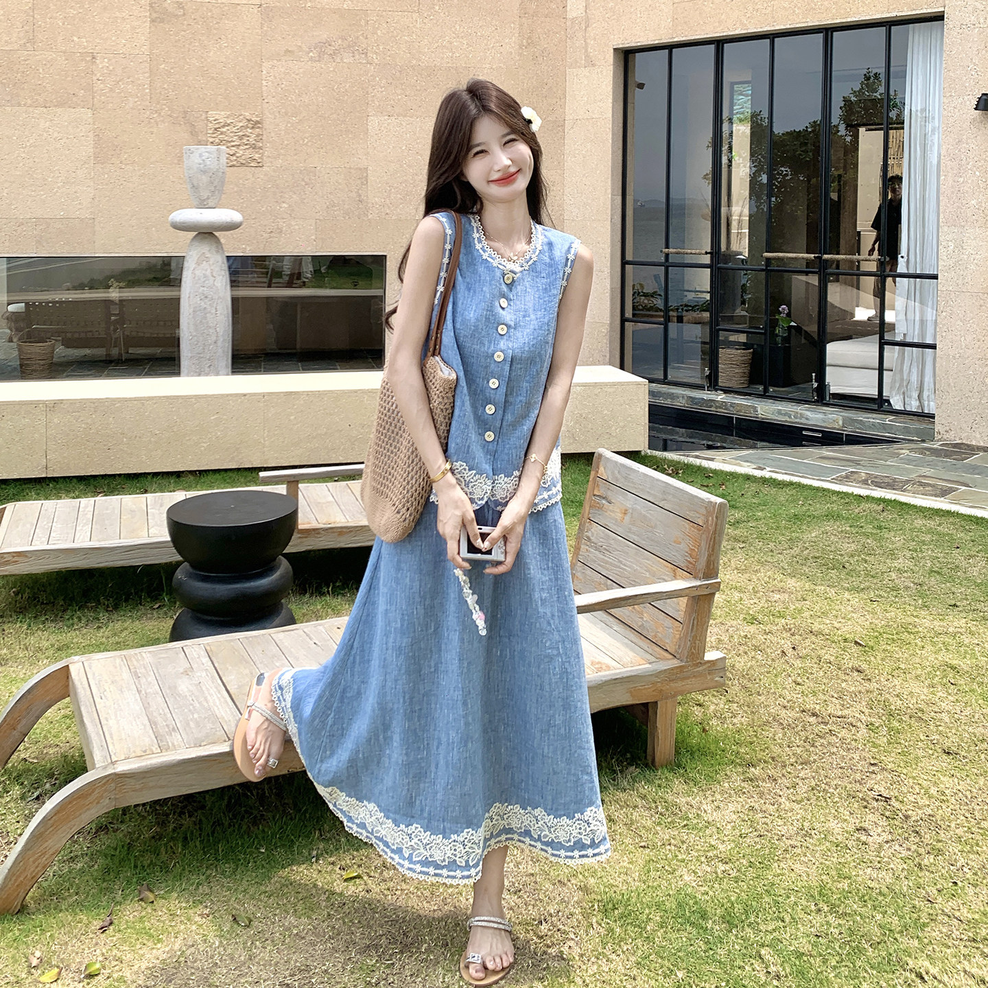 法式甜美减龄蕾丝刺绣拼接马甲套装高腰A字半身裙两件套2026新款