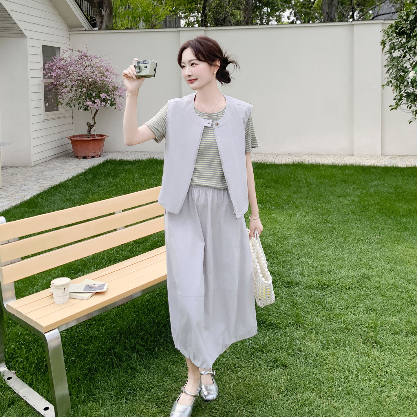 灰色夏日休闲风韩系马甲套装女2026新款条纹内搭高腰半身裙三件套