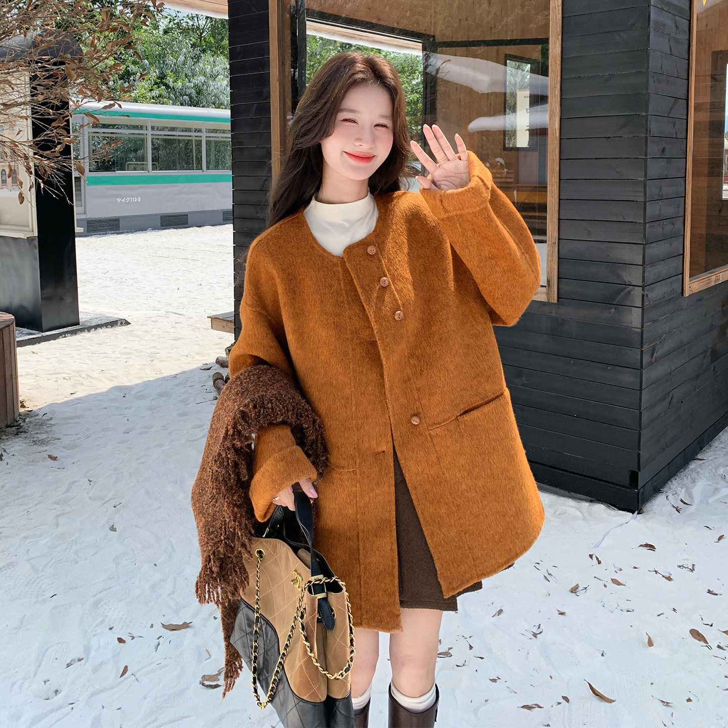 美拉德焦糖连帽毛呢外套女