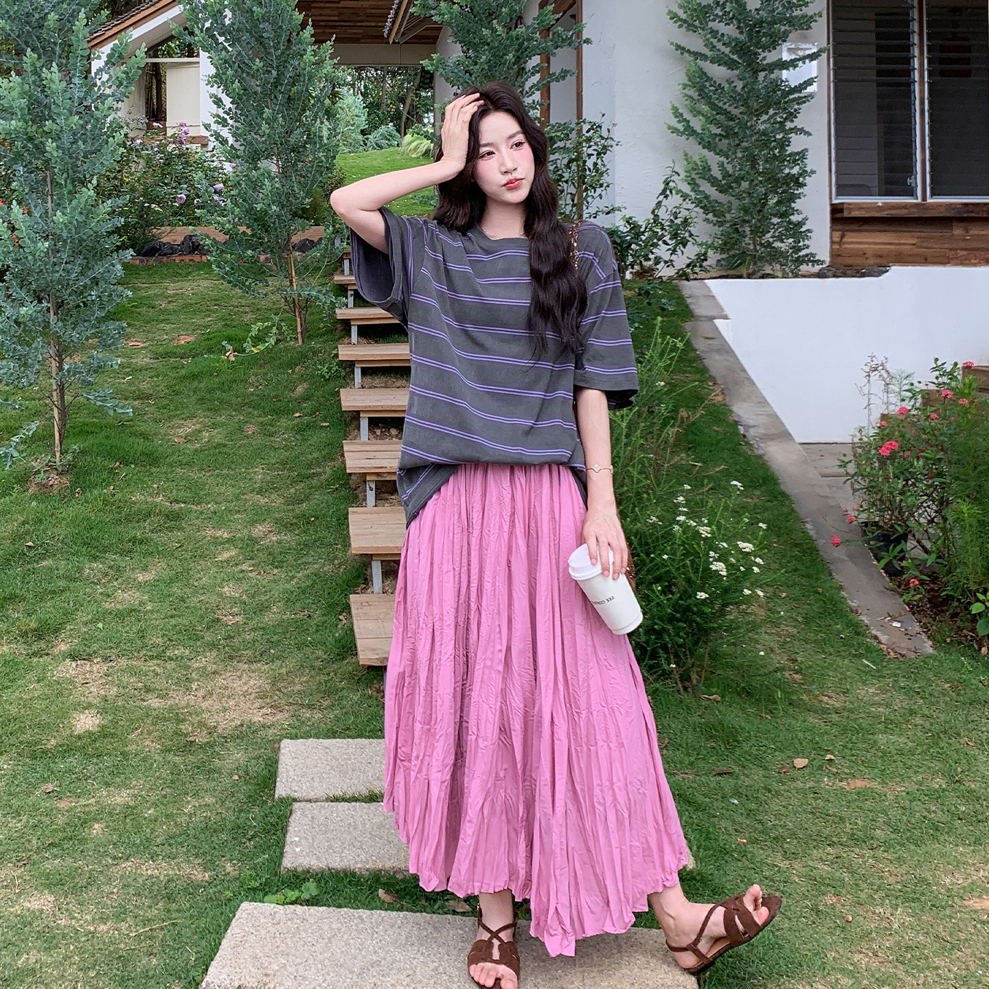 韩系慵懒风松弛感套装女2026夏新款休闲条纹T恤肌理半身裙两件套