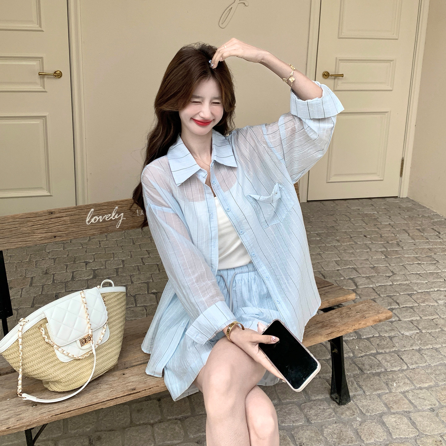 夏季度假风蓝条纹防晒两件套女