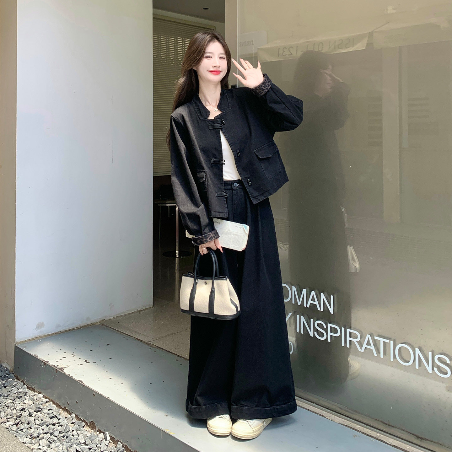 秋新款黑色牛仔显瘦阔腿两件套女