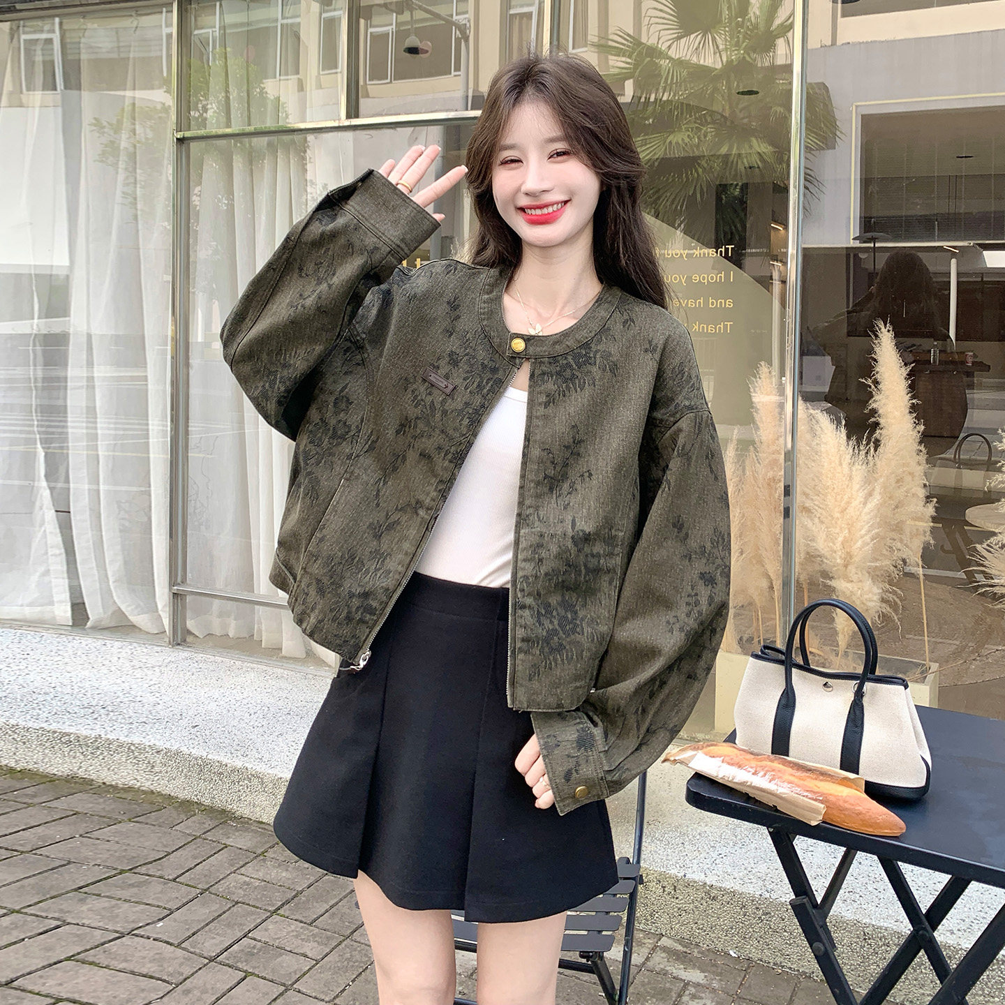 韩版宽松短款外套女军绿色拉链