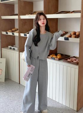 灰色简约大方得体通勤卫衣套装女2026春新款圆领上衣阔腿裤两件套