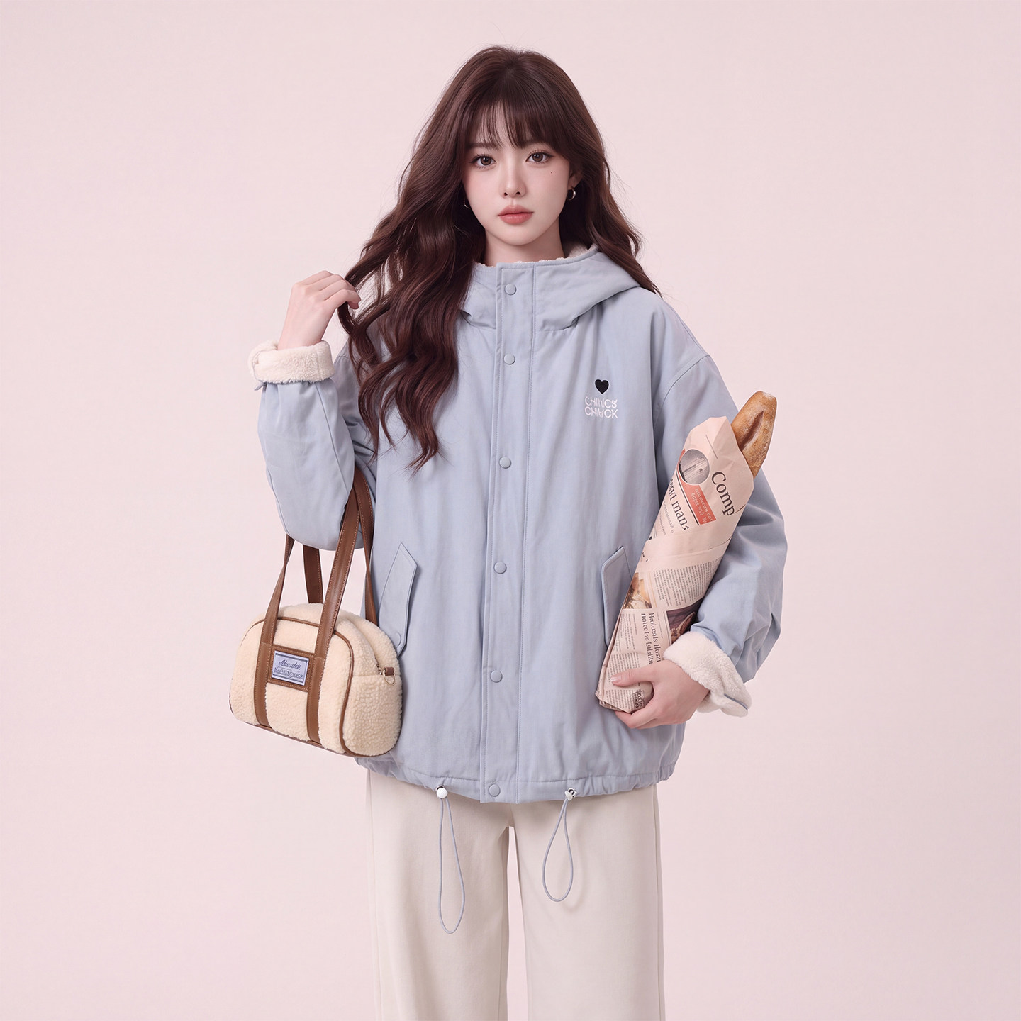 优雅风连帽拉链短外套女蓝色