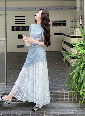 浅蓝色高级感提花改良旗袍连衣裙套装女2026初夏新款蕾丝裙两件套