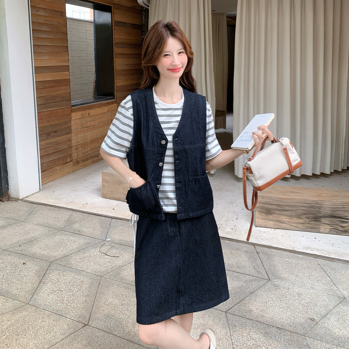 韩系学院风牛仔马甲三件套女秋季