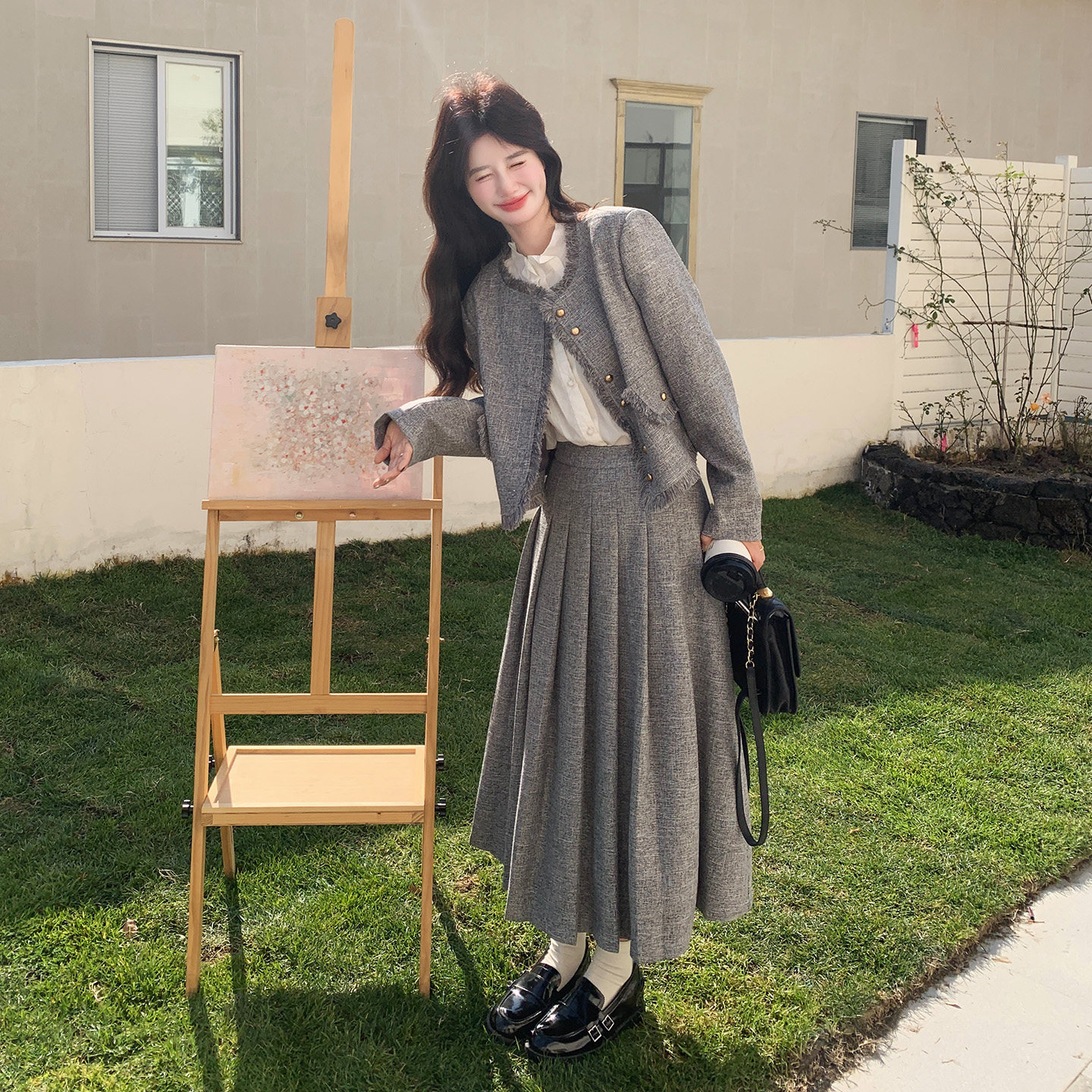 灰色法式学院风西装套装女小香风流苏上衣半身裙两件套2026春新款