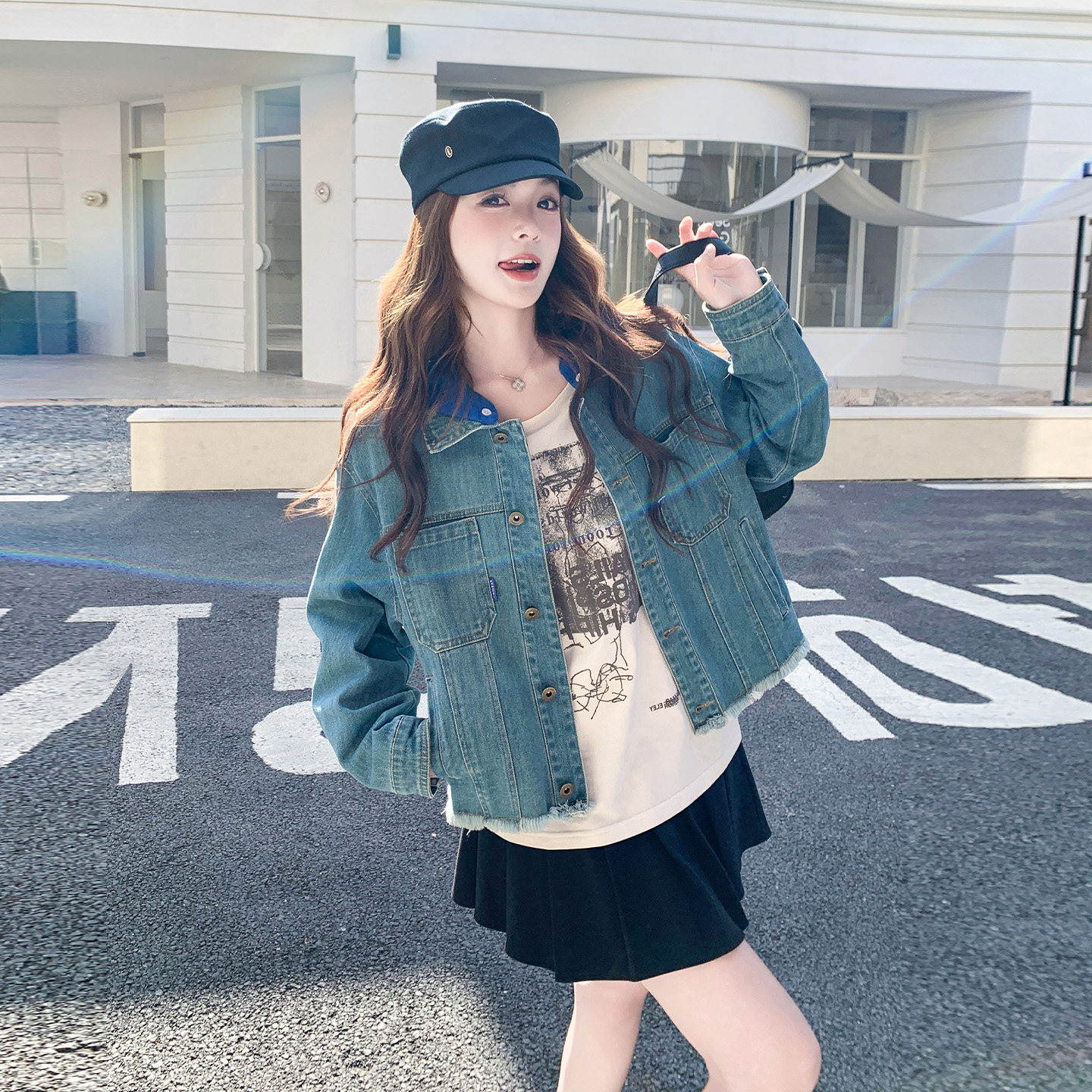 蓝色复古减龄时尚风牛仔外套女小个子2026春季新款可拆卸连帽上衣