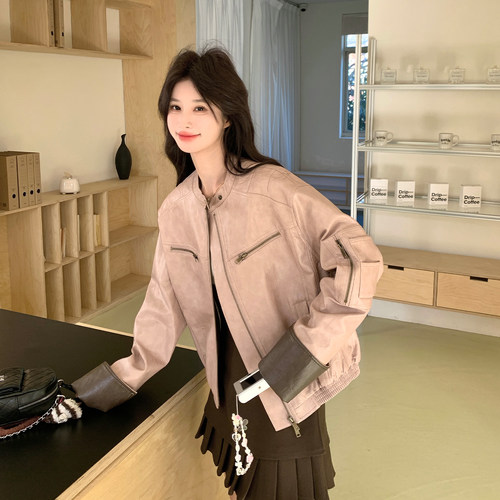 春季休闲粉色立领拉链短外套女