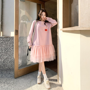 粉色俏皮减龄网纱拼接长袖连衣裙女2026春季新款小个子穿搭卫衣裙