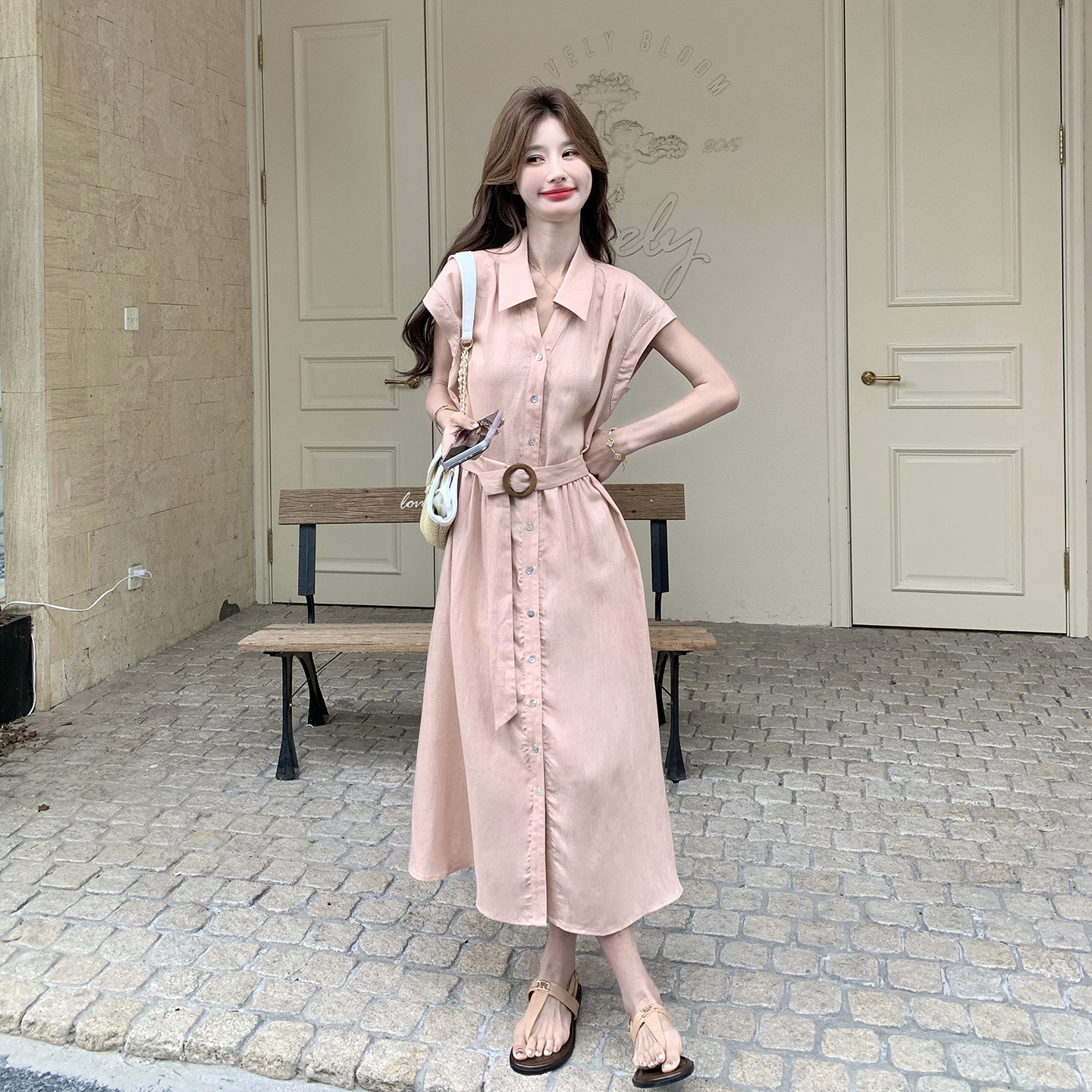 粉色休闲甜美风韩版时尚气质连衣裙女2026新款夏日收腰显瘦衬衫裙
