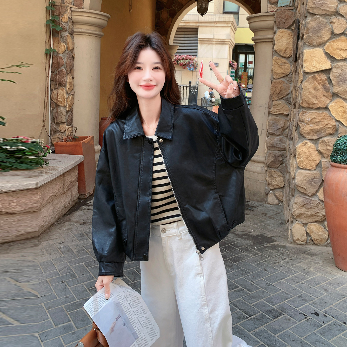 黑色酷飒风翻领皮衣外套女短款2026春美式小个子气质休闲PU皮夹克