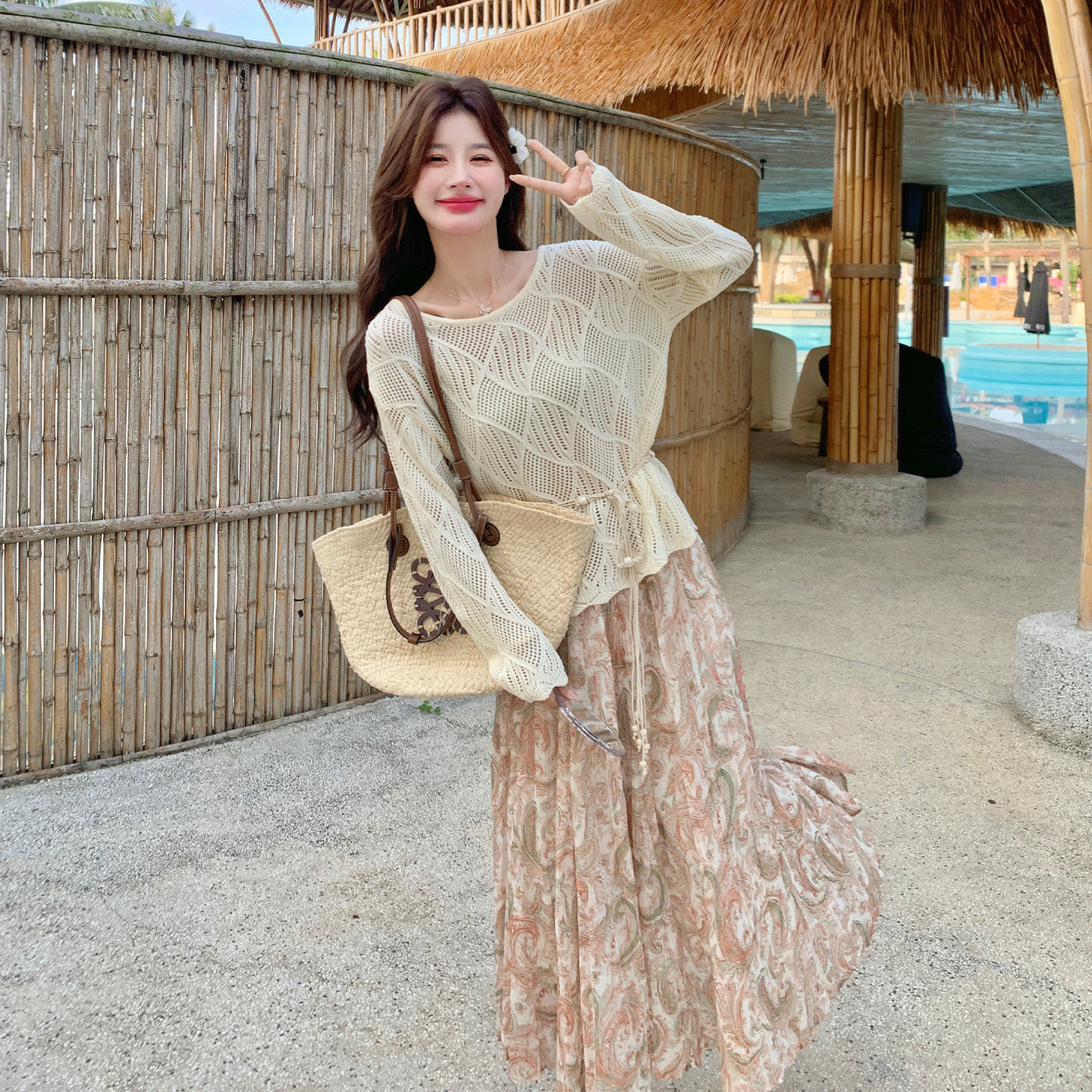法式漂亮温柔度假风套装女2026夏季新款针织上衣印花半身裙两件套
