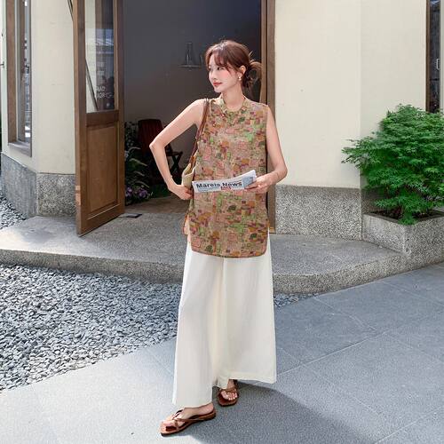 独特复古高级感气质套装女2026夏天新款撞色印花背心阔腿裤两件套