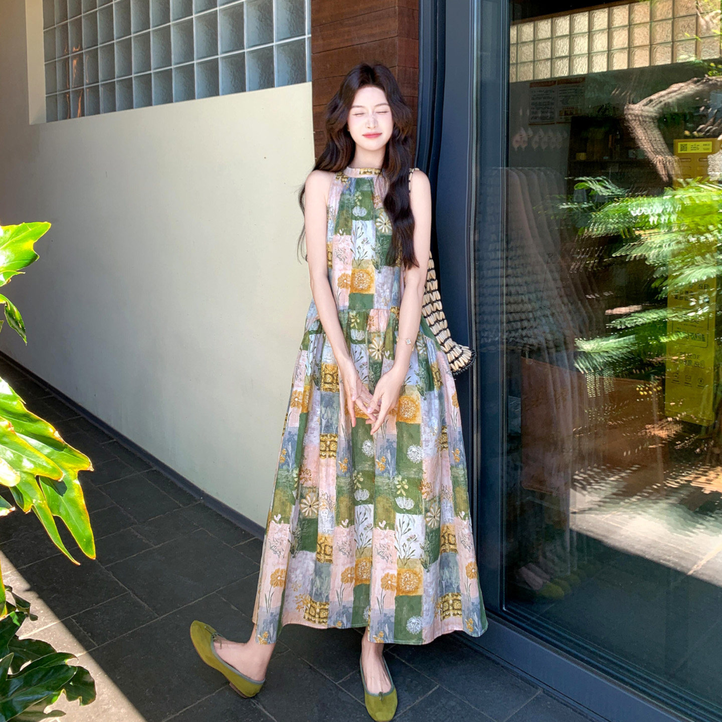 度假风印花连衣裙女夏无袖长裙