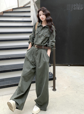 灰绿色复古设计感工装牛仔连体裤女2026春季新款韩系休闲风连身裤