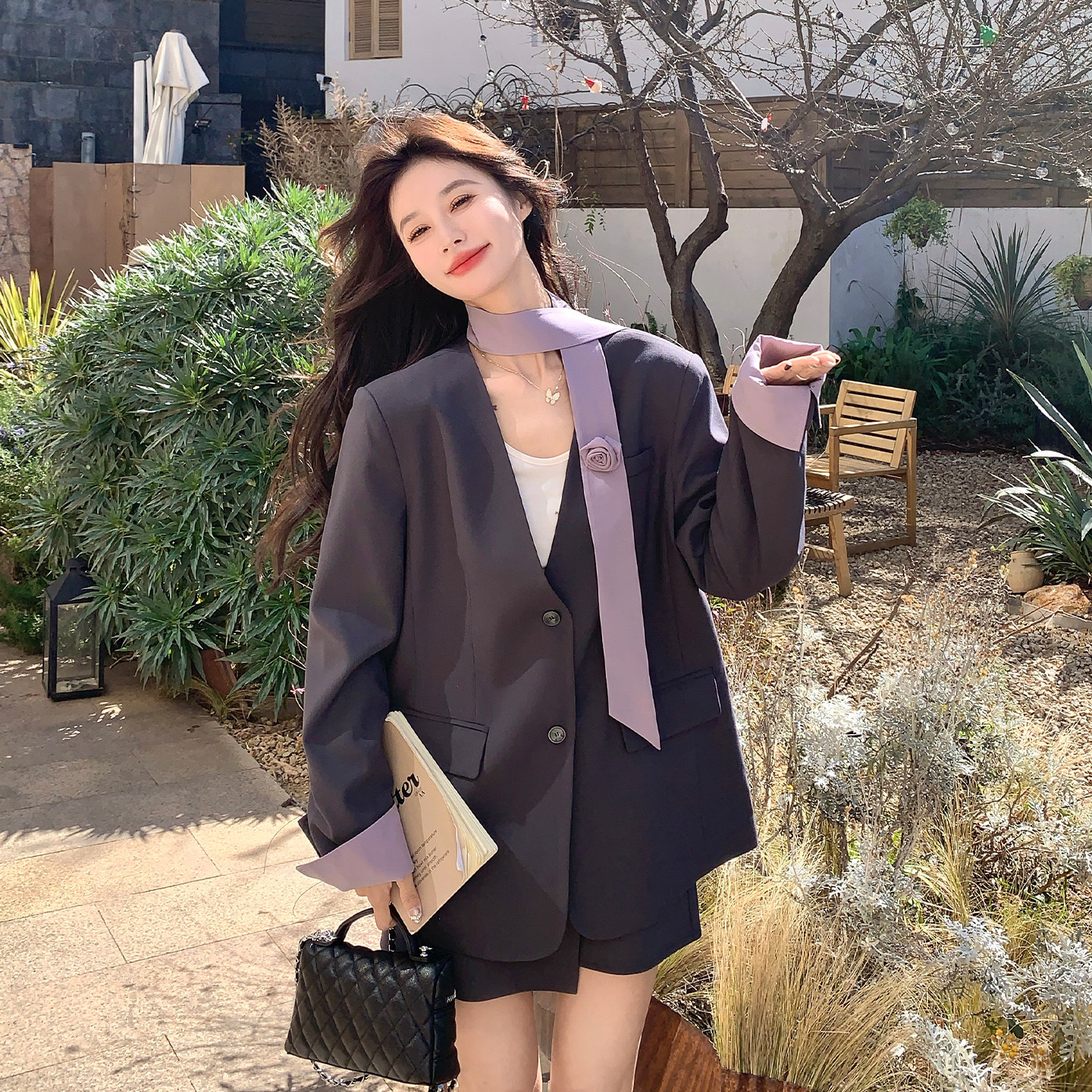 灰色韩系氛围感轻职场西装套装女2026春新款无领西服半身裙两件套