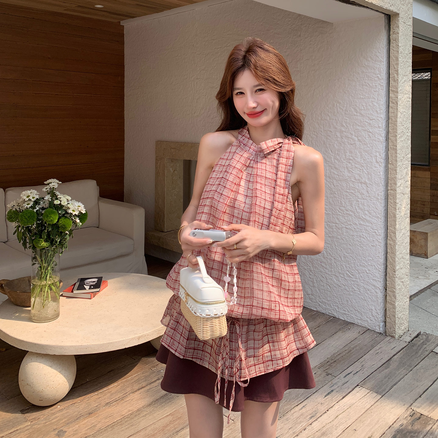 韩系甜美松弛感减龄套装女2026夏新款休闲格纹挂脖背心短裙两件套