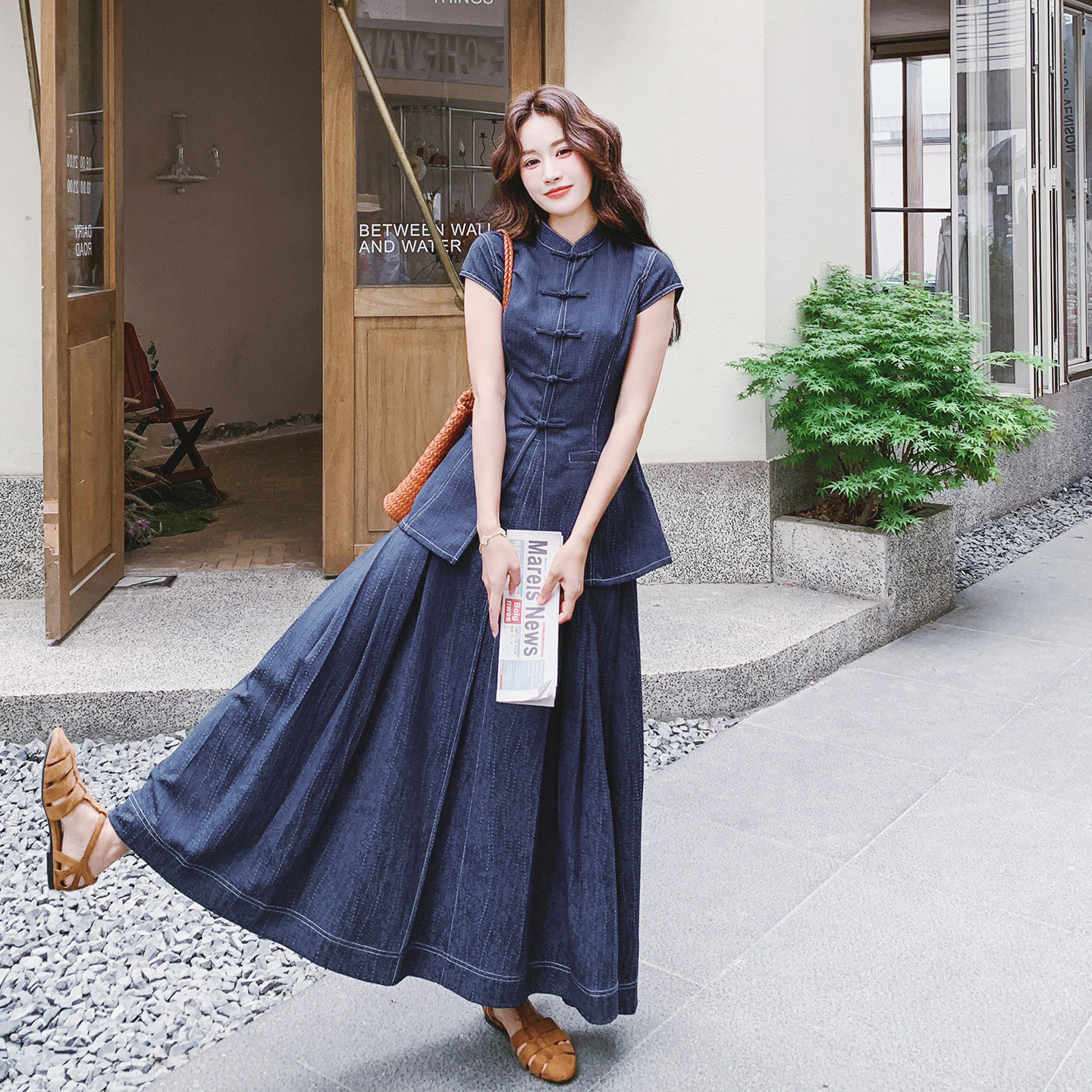 深蓝色复古新中式穿搭女2026新款国风盘扣上衣高腰半身裙两件套夏
