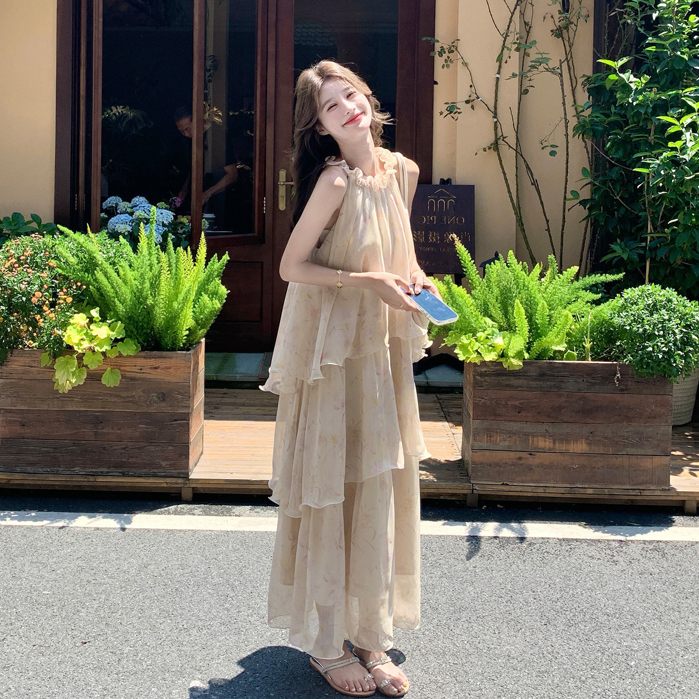 仙女度假风挂脖无袖连衣裙女