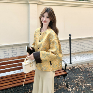 咖色美拉德两面穿撞色PU皮衣外套女小个子2026春新款 国风印花上衣