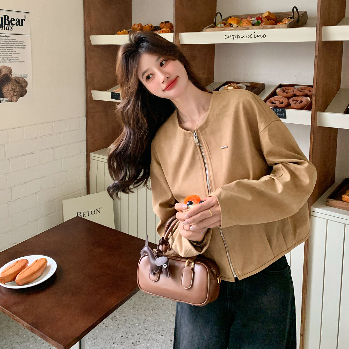 美拉德咖色复古时尚外套女2026春新款韩版小个子穿搭休闲圆领夹克