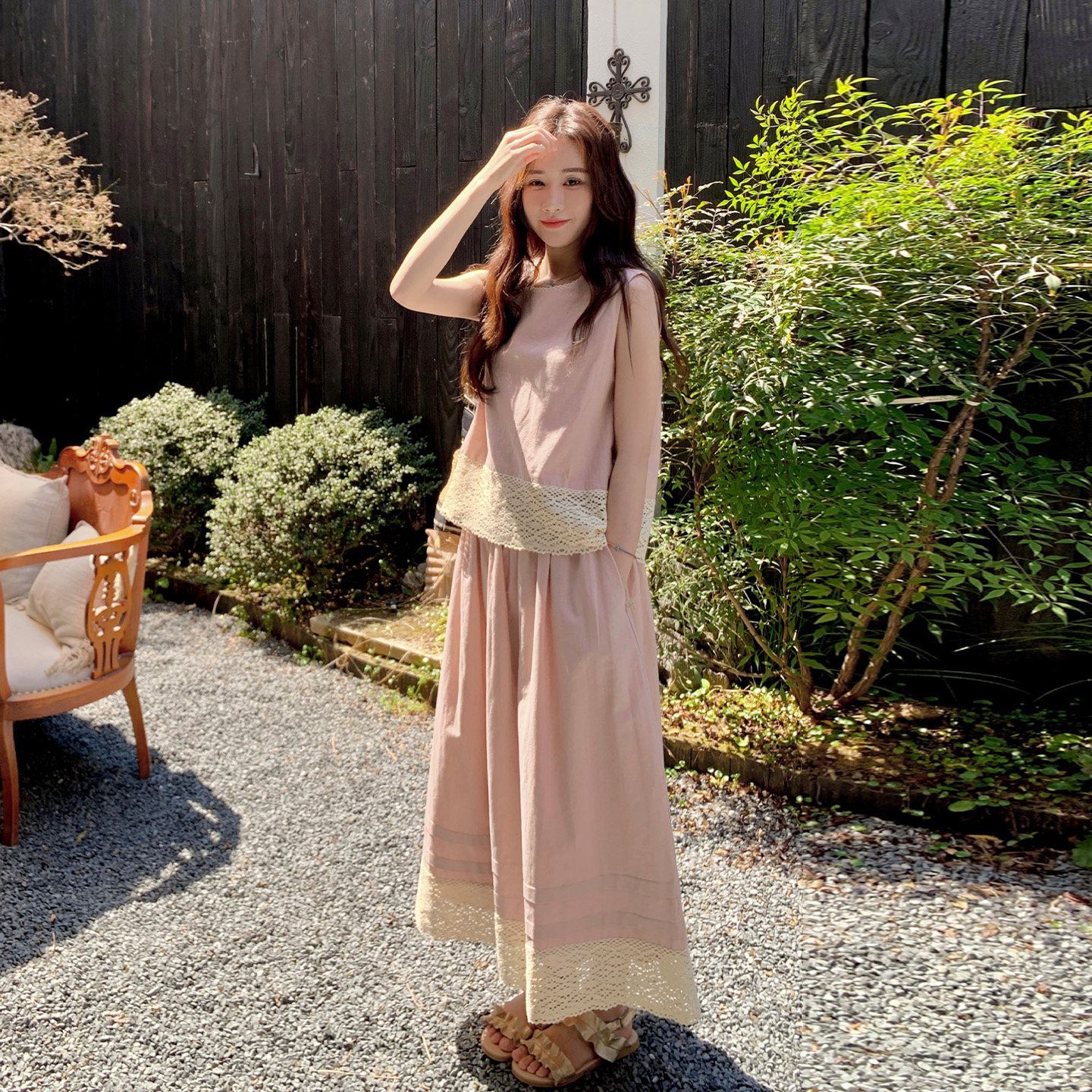 A29  韩系温柔风蕾丝拼接背心半身裙套装女夏高级感两件套