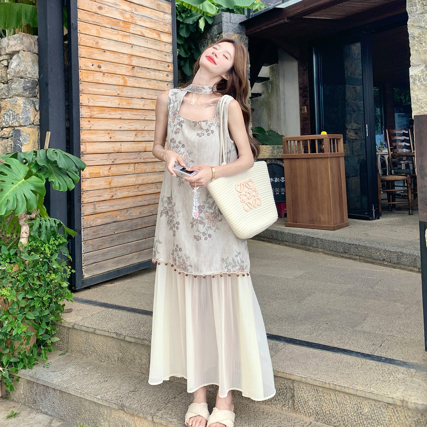 新中式禅意清冷风拼接无袖连衣裙女2026新款夏日高级感印花背心裙