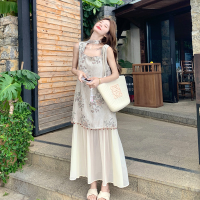 新中式国风印花背心连衣裙女