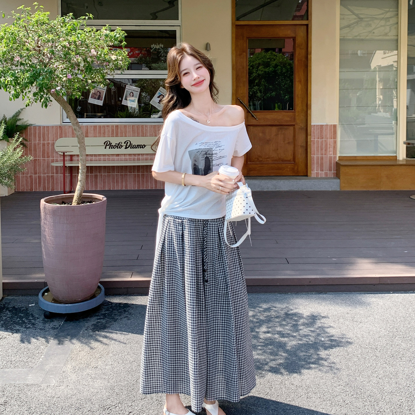 夏季韩系印花T恤格子裙套装女