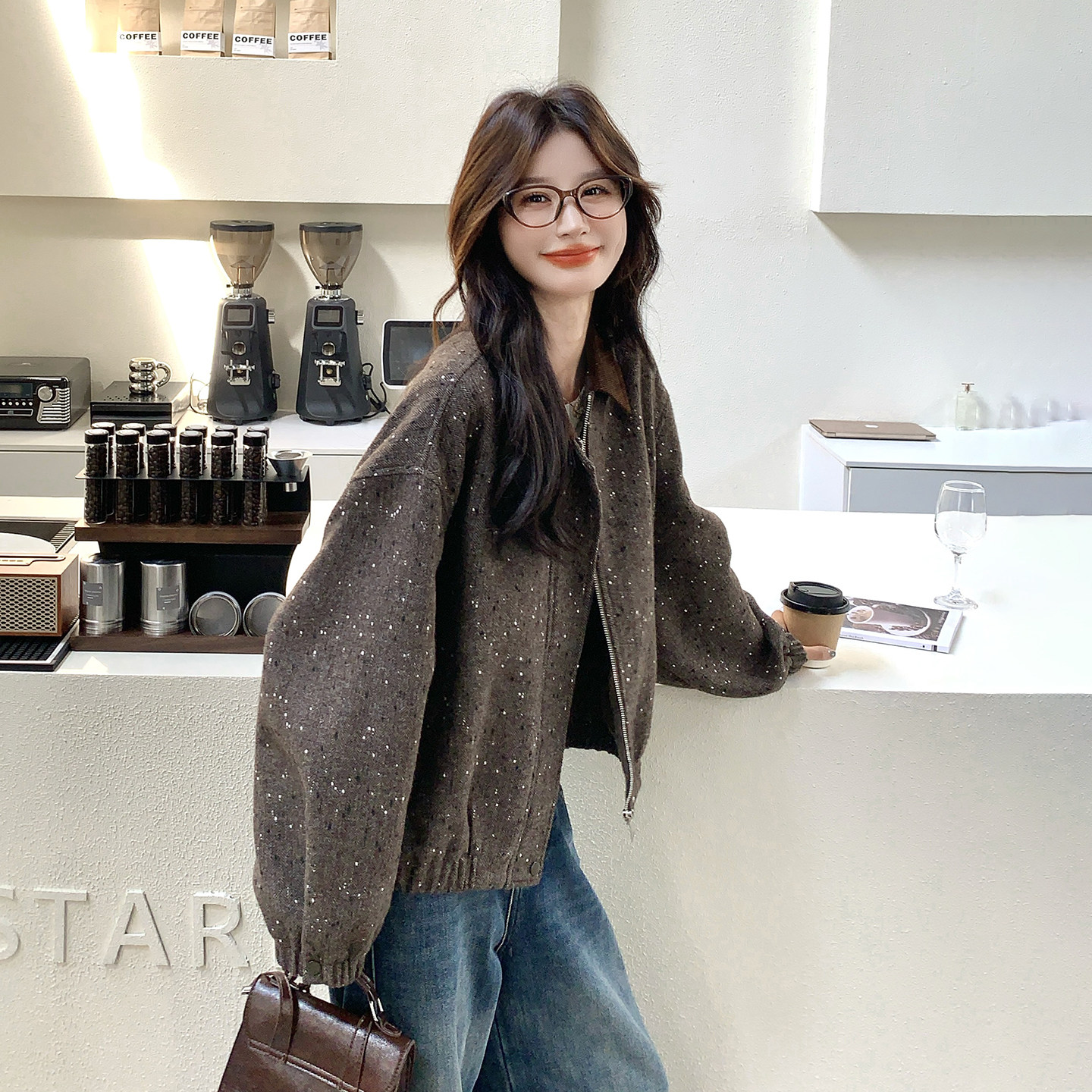 咖色复古设计感撞色翻领外套女短款2026春季新款韩版休闲时尚夹克