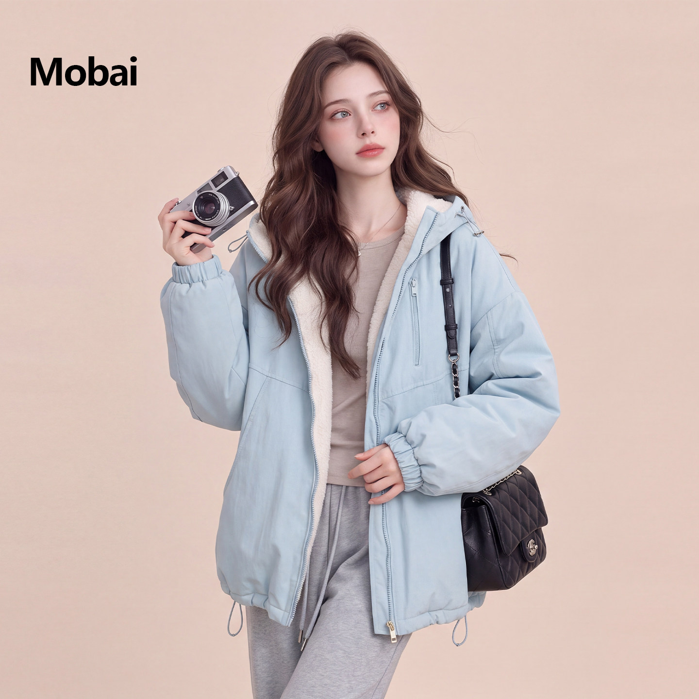 Mobai 蓝色韩系学院风连帽派克服女2026冬新款松弛感加绒加厚外套