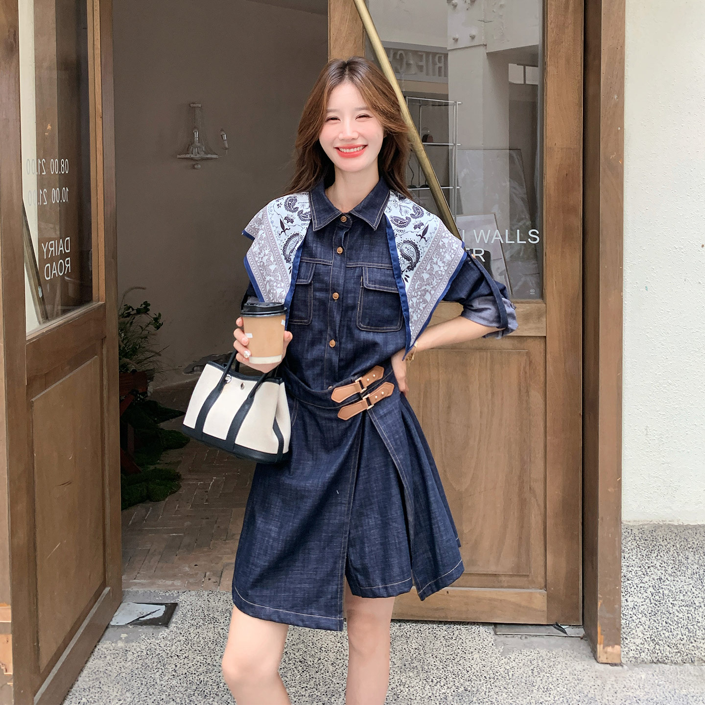港风独特设计感假两件收腰连衣裙女2026新款小个子休闲洋气牛仔裙