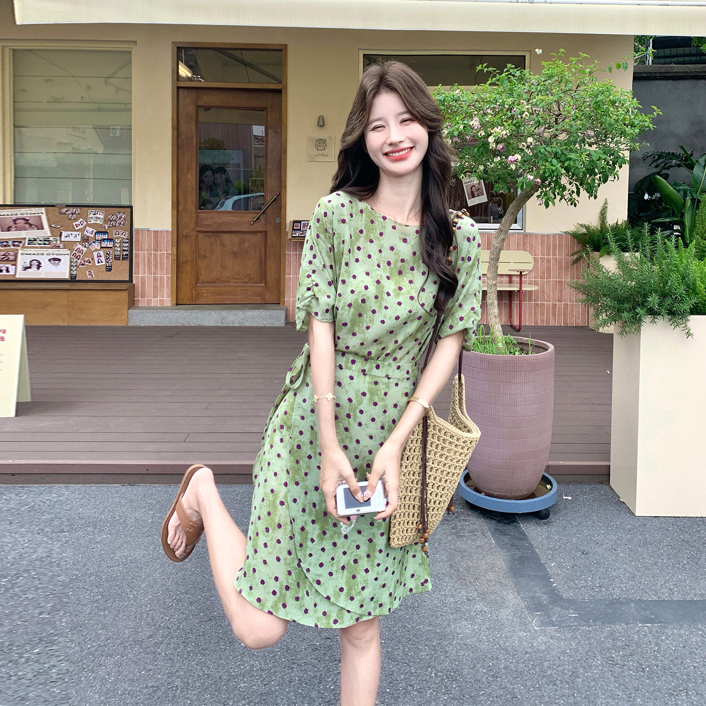 复古气质绿色波点连衣裙女夏季