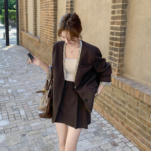 咖色假两件条纹拼接西服套装裙女2026春小个子气质显瘦短裙两件套
