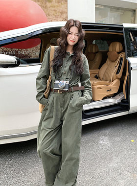 工装军绿高腰阔腿显瘦连体裤女